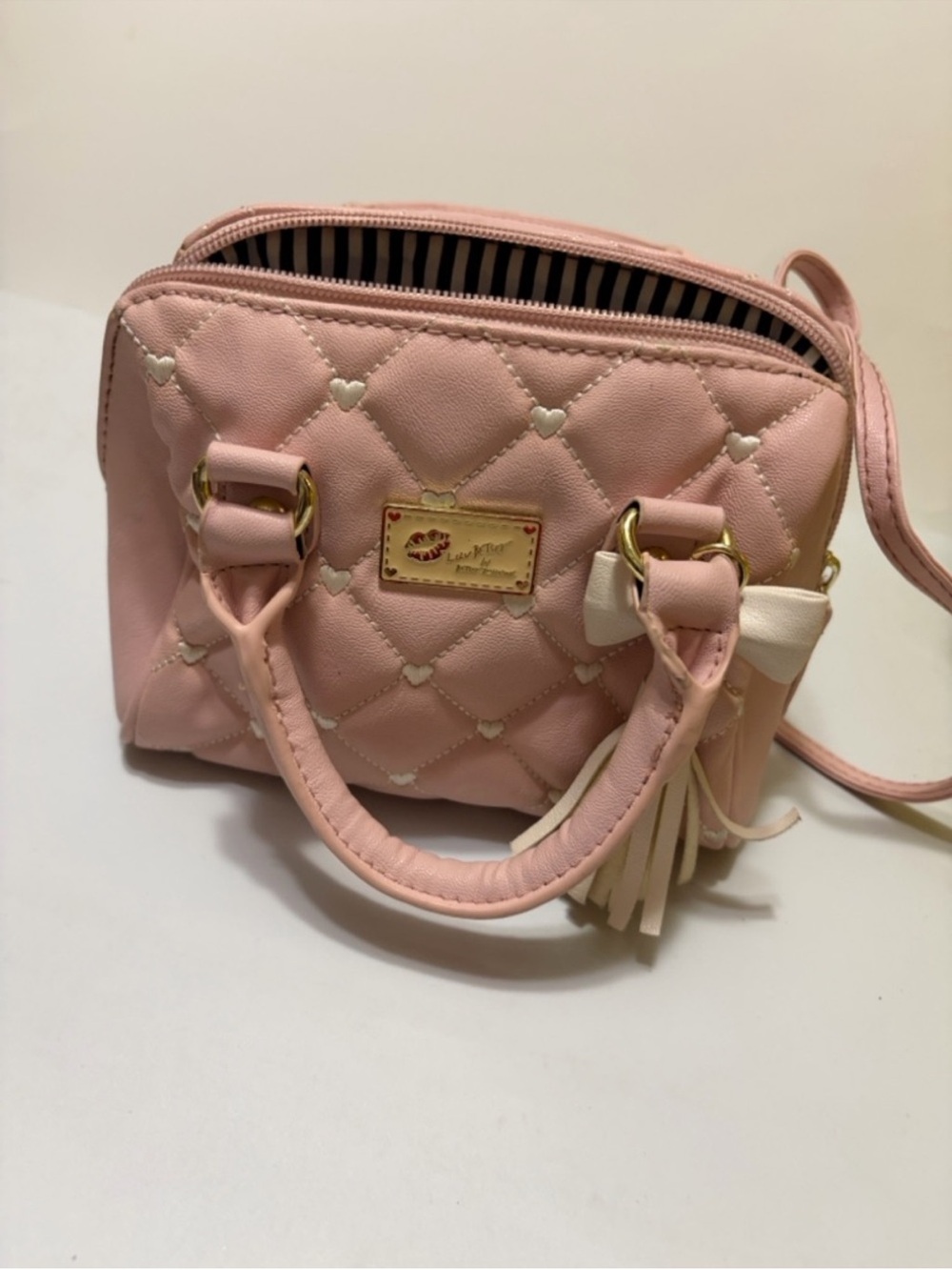 Betsey Johnson Pink Quilted Mini Satchel with Heart Accents